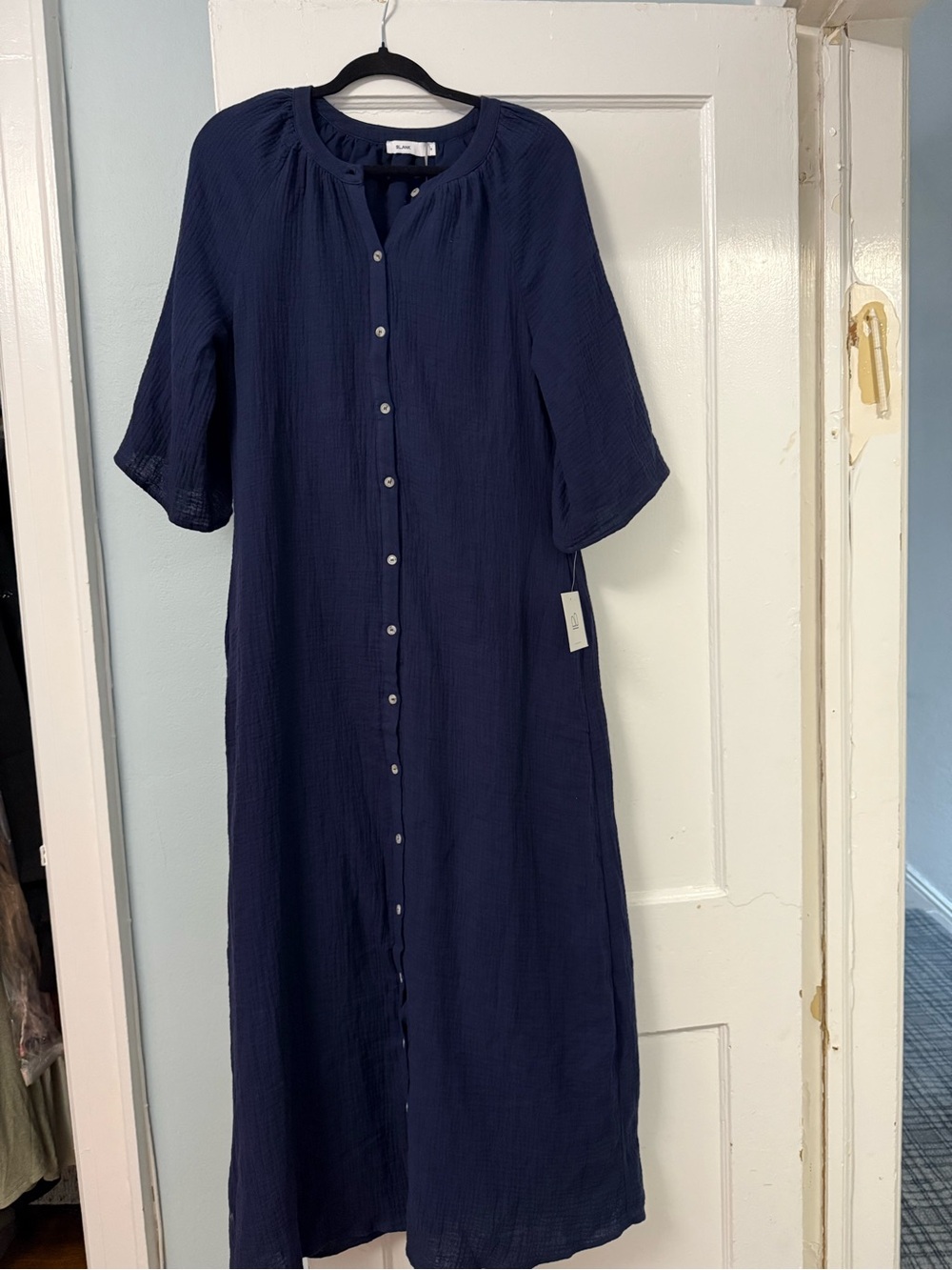 Blank NYC Navy Button-Front Maxi Dress with 3/4 Sleeves